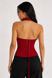 Women's Halter Corset Crop Top | Lace-Up Front Zip Bodycon Top